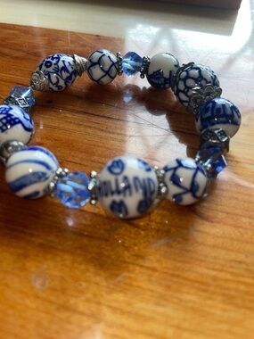 DELFT Blue and White Porcelain Bead Bracelet From Holland